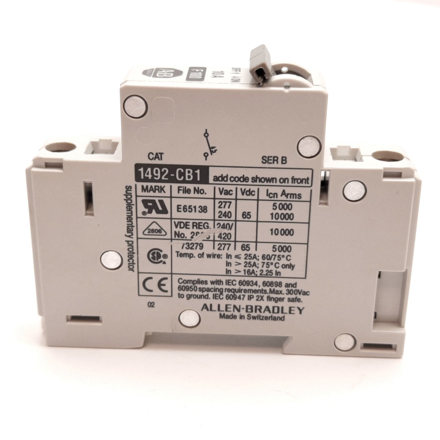 Used Allen Bradley 1492-CB1 F100 Circuit Breaker, 1-Pole, Rating: 10A 277VAC