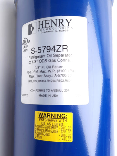 New Henry Technologies S-5794ZR Refrigerant Oil Separator 2-1/8" ODS 450PSI