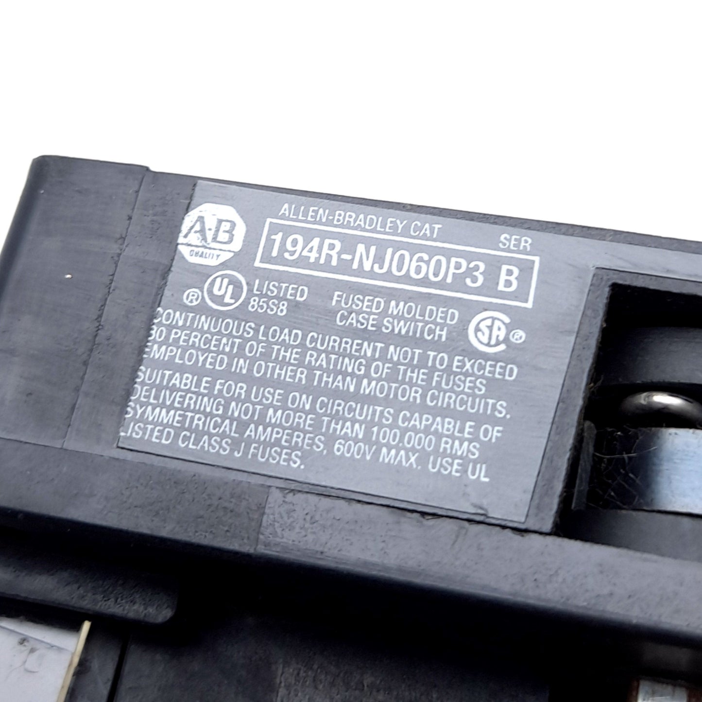 Used Allen Bradley 194R-NJ060P3 SER. B Disconnect Switch, Rating: 60A 600VAC - 250VDC