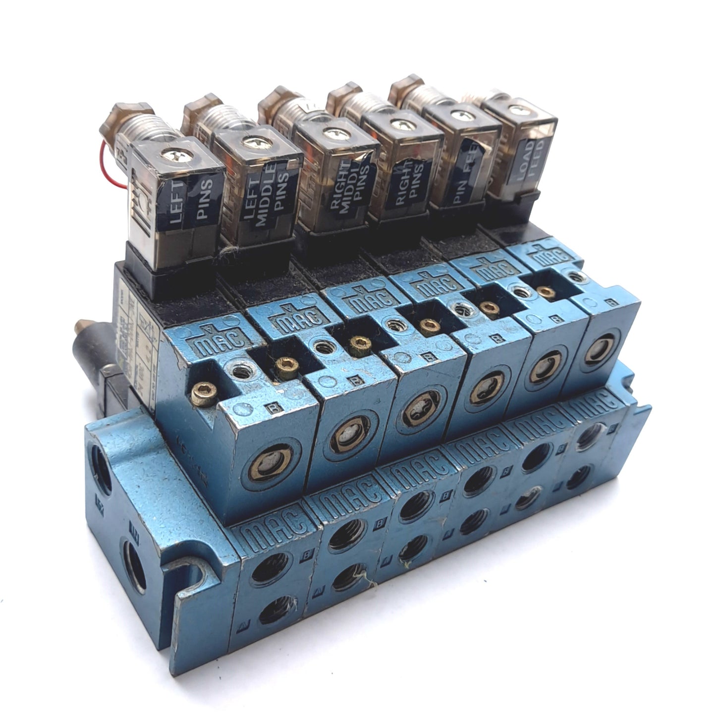 Used MAC 45A-MAJ-DDAJ-2KE Solenoid Valve x6 With Manifold, Rating: 24VDC 5.4 Watts