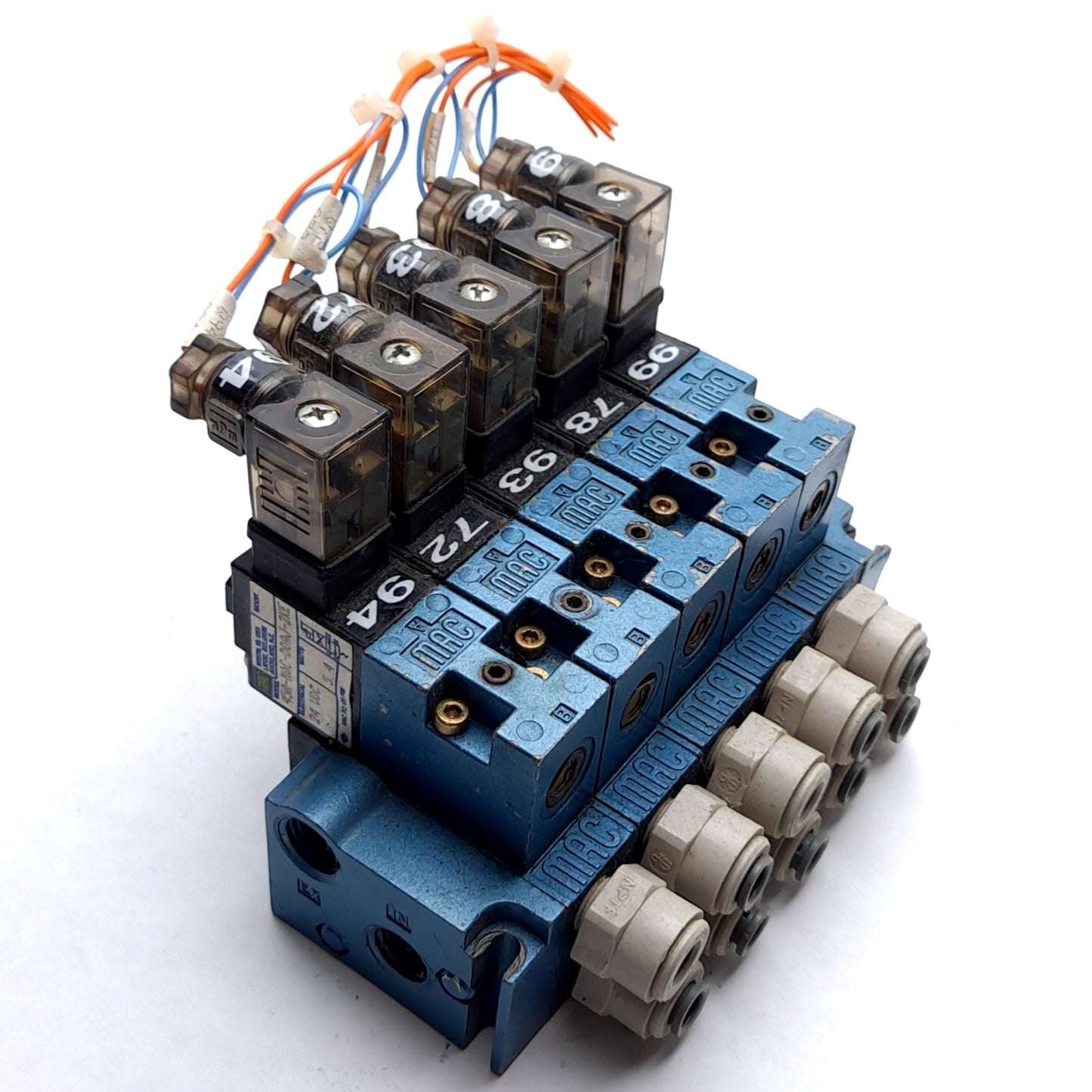 Used MAC 45A-MAC-DDAJ-2KE Solenoid Valve x5 With Manifold, Rating: 24VDC 5.4 Watts