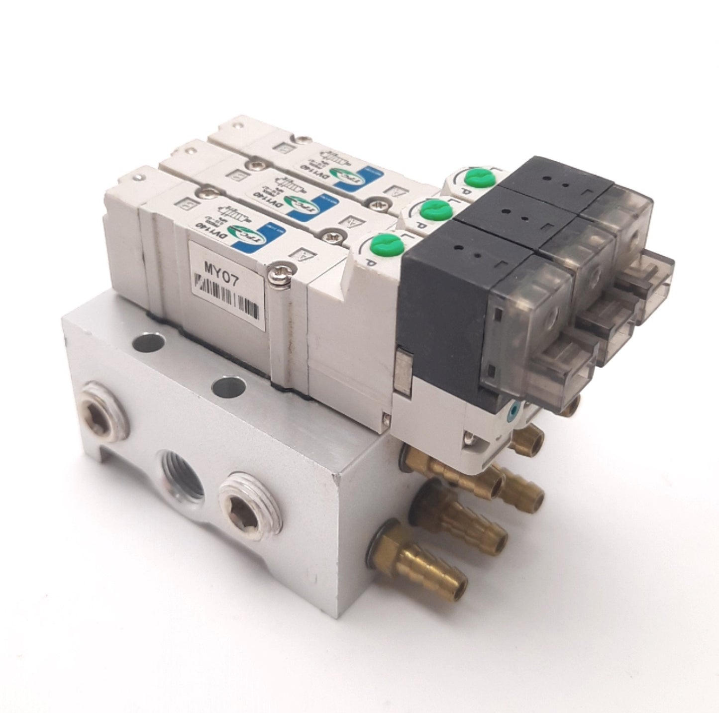 Used TPC DV1140 Solenoid Valves (x3) with Manifold, 24VDC Coil, 5-Port 2-Position