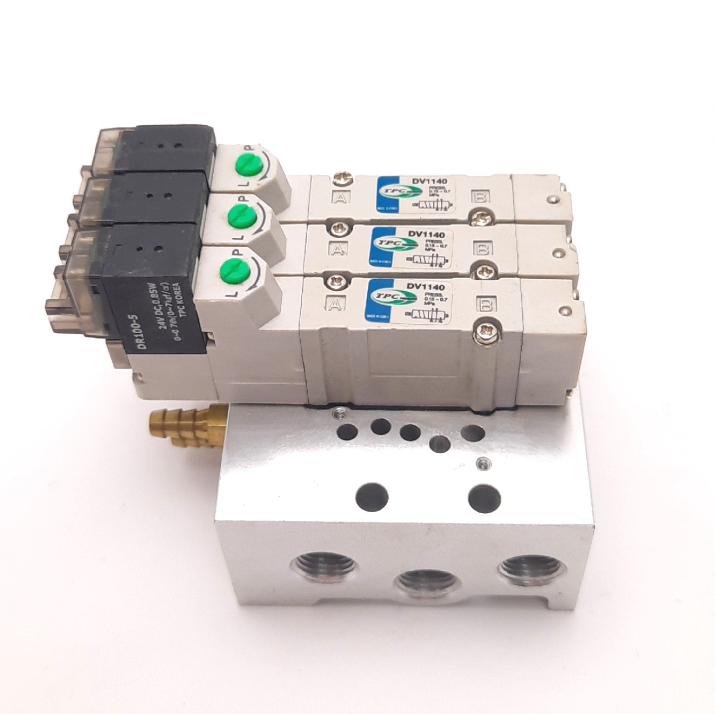 Used TPC DV1140 Solenoid Valves (x3) with Manifold, 24VDC Coil, 5-Port 2-Position