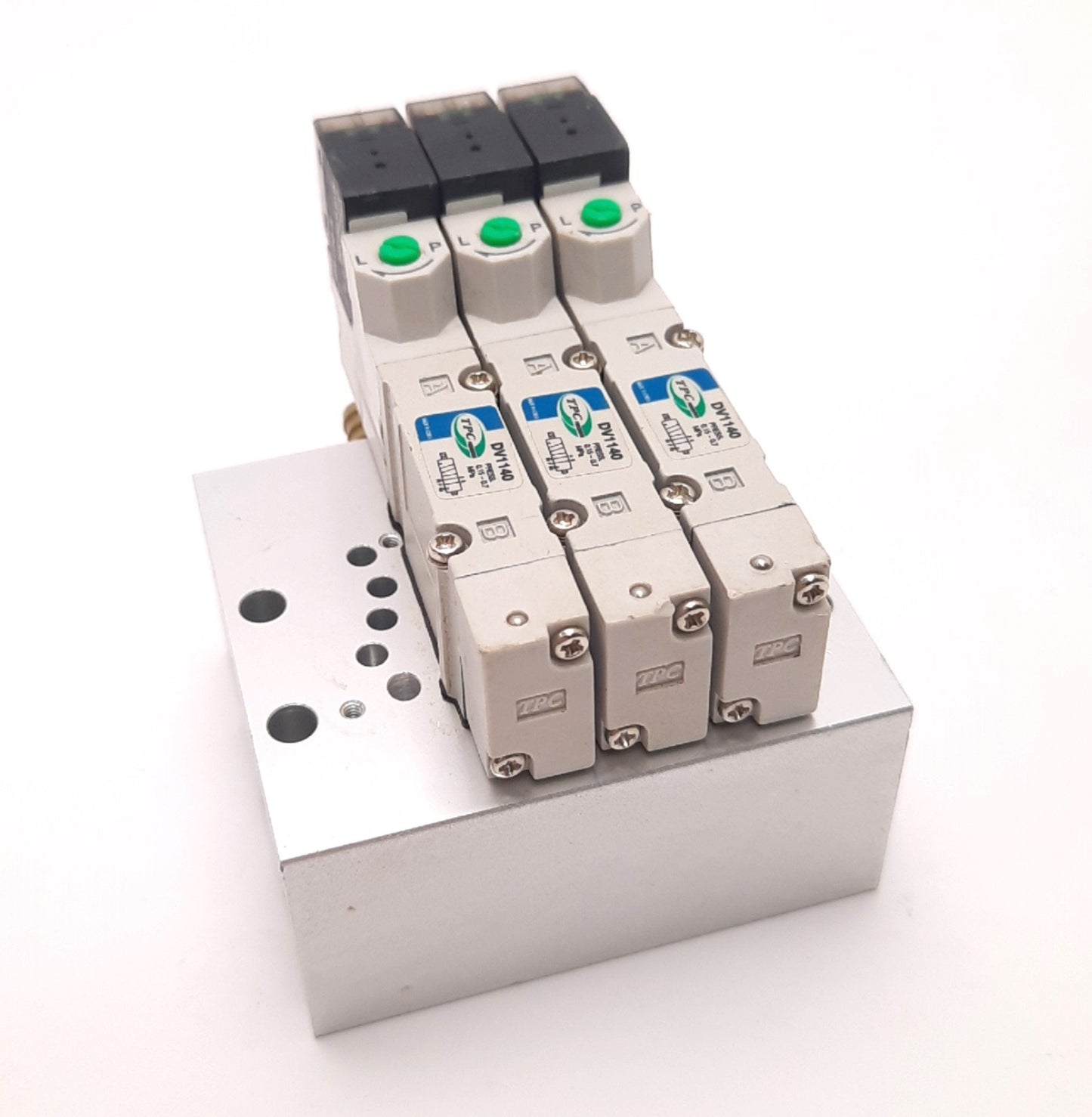 Used TPC DV1140 Solenoid Valves (x3) with Manifold, 24VDC Coil, 5-Port 2-Position