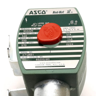 Used Asco 8320G180 Solenoid Valve, 3-Way N/C, Coil: 24VDC, Ports: 1/4" NPT
