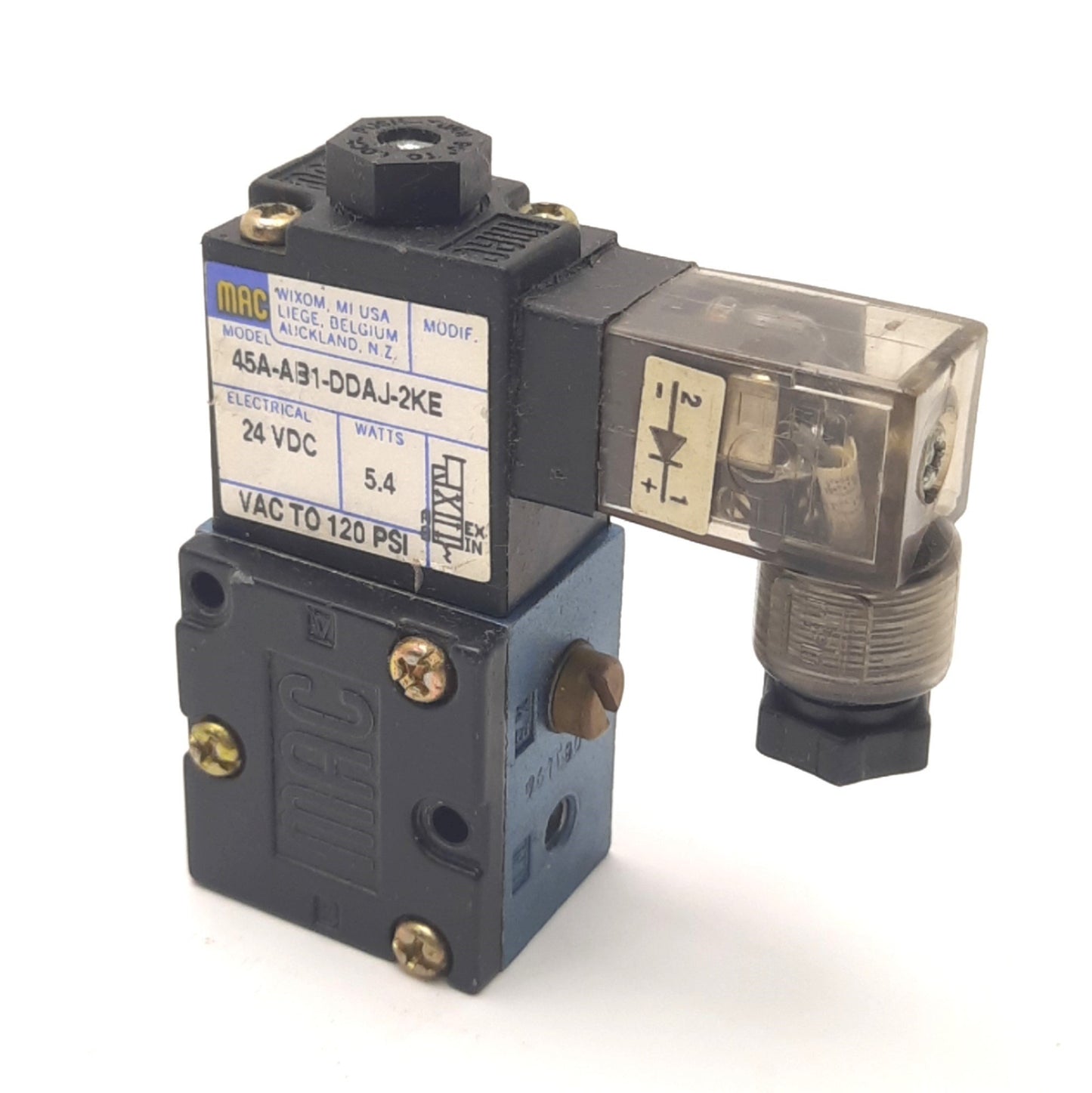 Used Mac Valves 45A-AB1-DDAJ-2KE Solenoid Valve, 2-Position 4-Port, 24VDC, Vac-120psi