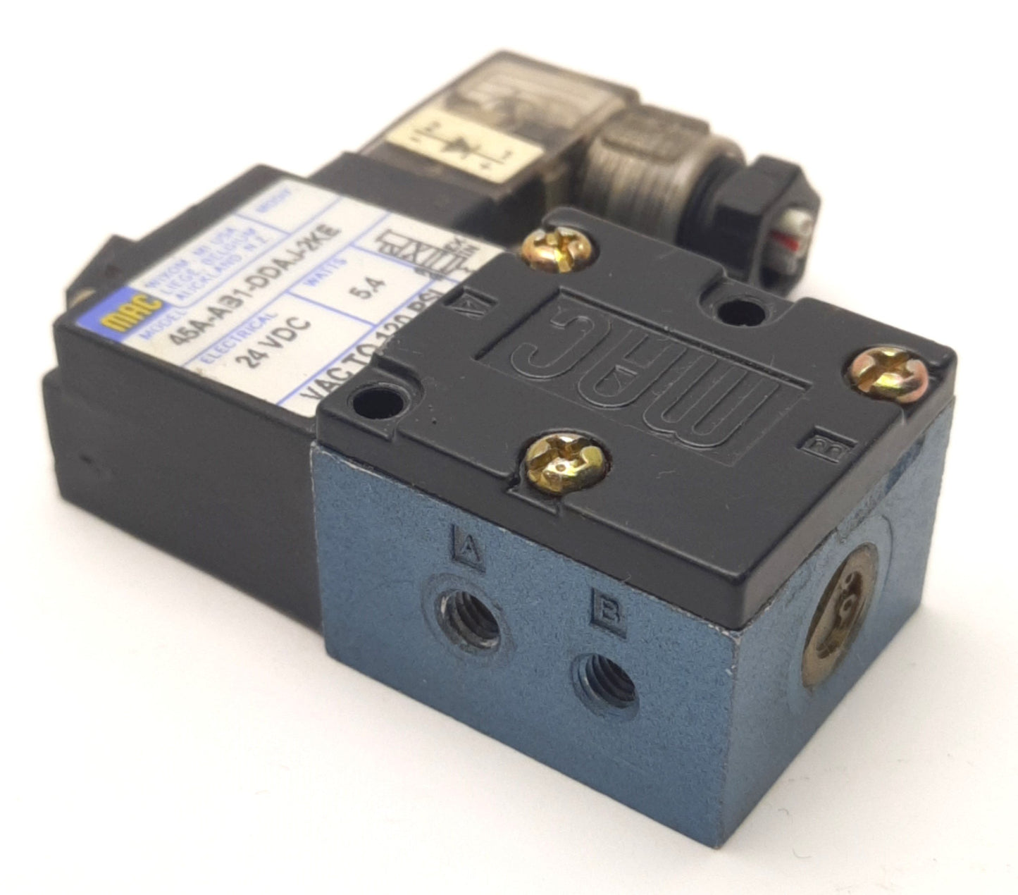 Used Mac Valves 45A-AB1-DDAJ-2KE Solenoid Valve, 2-Position 4-Port, 24VDC, Vac-120psi