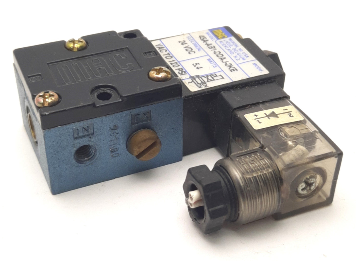 Used Mac Valves 45A-AB1-DDAJ-2KE Solenoid Valve, 2-Position 4-Port, 24VDC, Vac-120psi