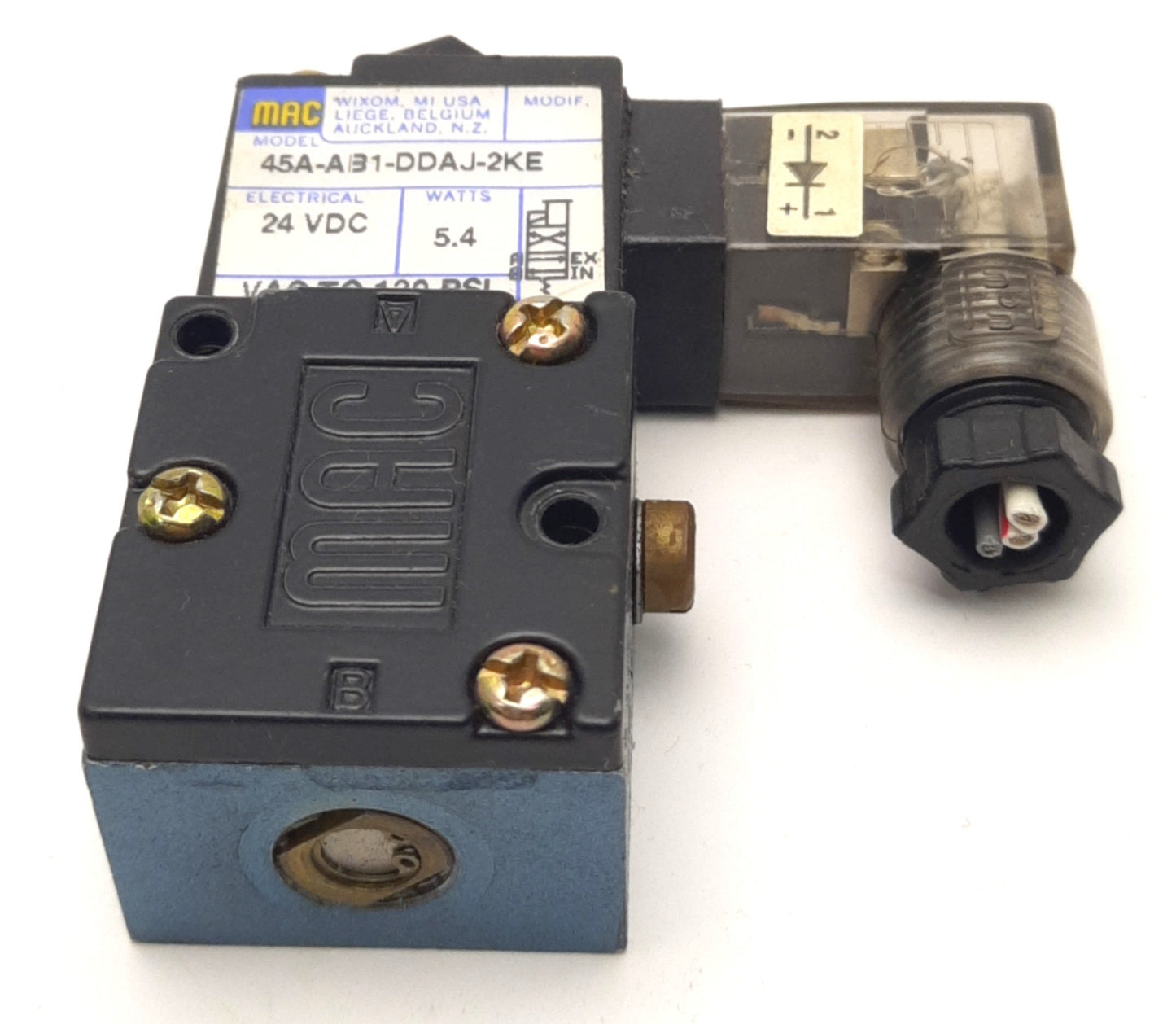Used Mac Valves 45A-AB1-DDAJ-2KE Solenoid Valve, 2-Position 4-Port, 24VDC, Vac-120psi