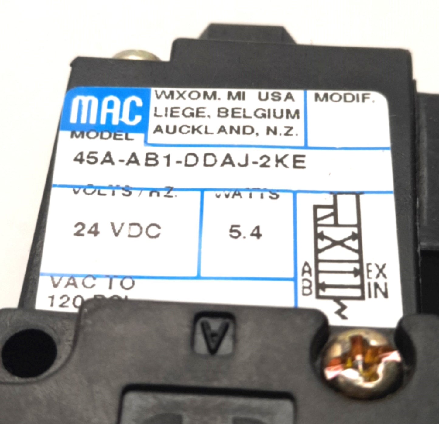 Used Mac Valves 45A-AB1-DDAJ-2KE Solenoid Valve, 2-Position 4-Port, 24VDC, Vac-120psi