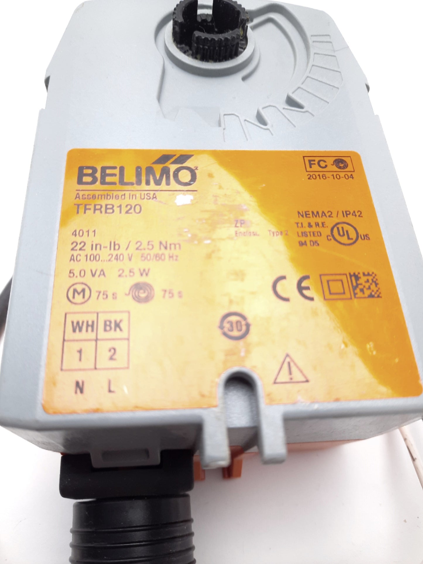 Used Belimo TFB120 Damper Actuator Spring Return 100-240VAC 22 in-lb NEMA 2 IP42