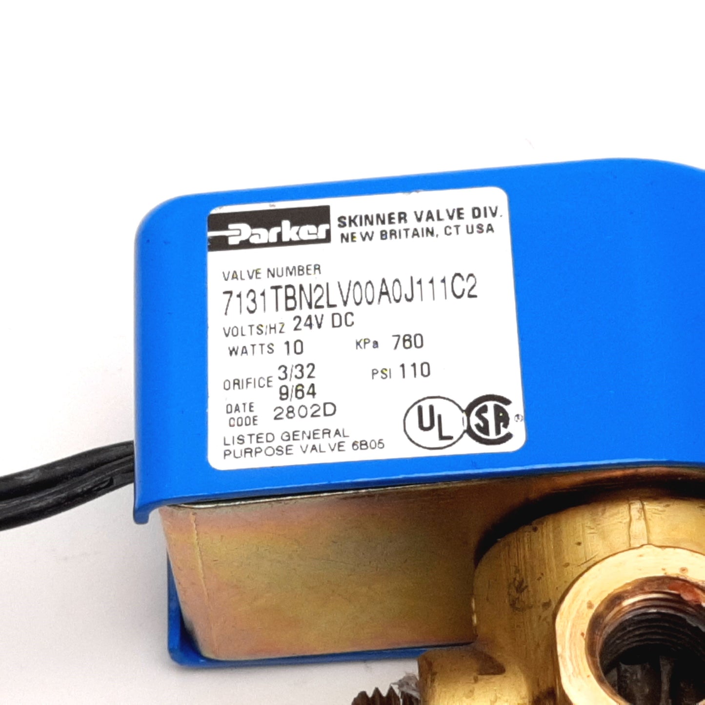 Used Parker 7131TBN2LV00A0J111C2 Solenoid Valve, 3-Way N/C, Coil: 24VDC, 1/4" NPT