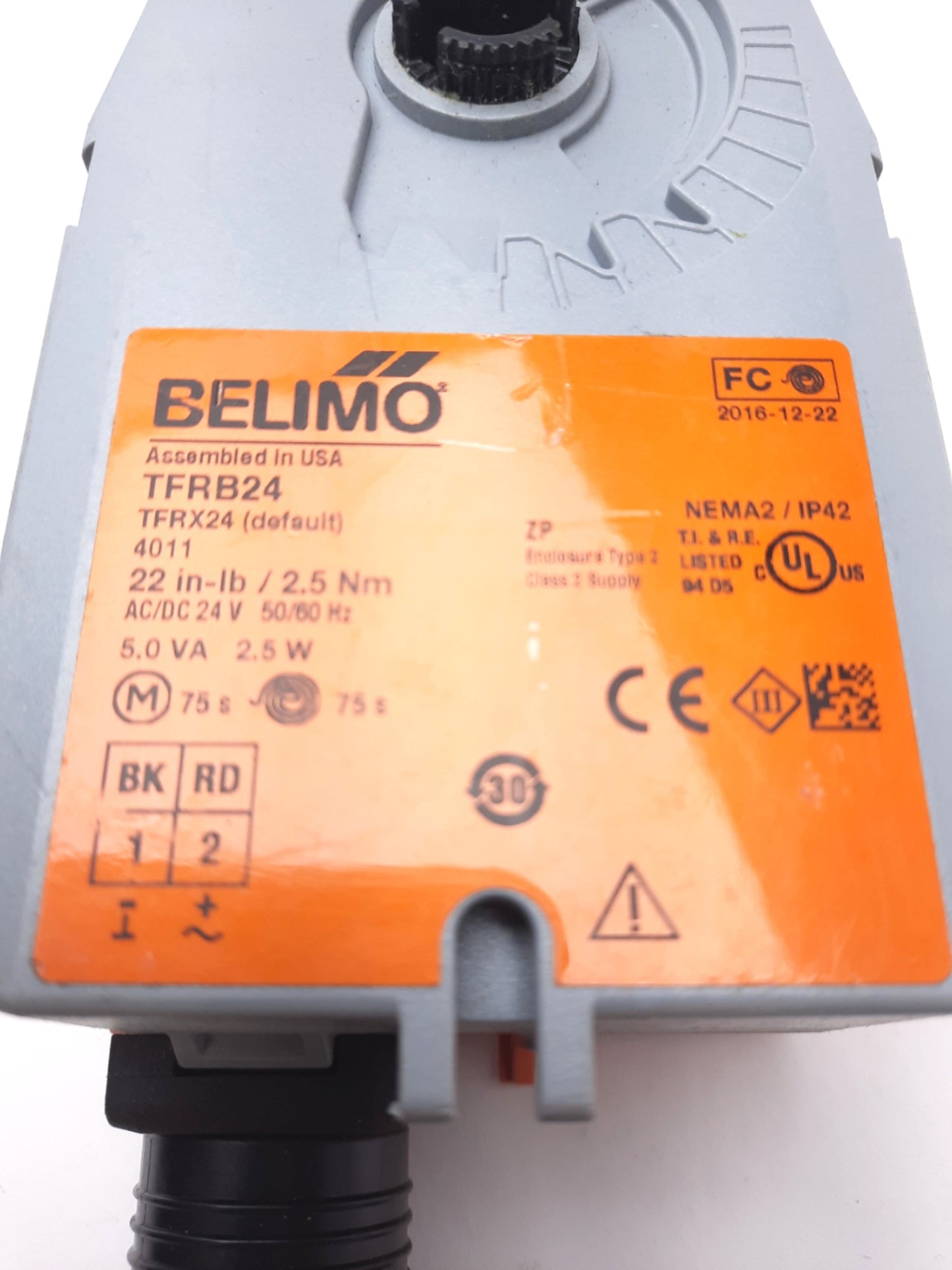 Used Belimo TFRB24 Valve Actuator Spring Return 24VAC/VDC 1.3W, 22in-lb, IP42 NEMA 2