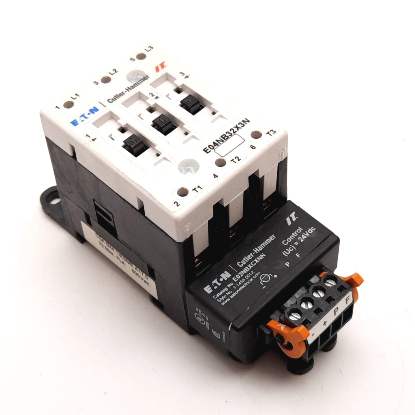 Used Eaton E04NB32X3N Contactor 24VDC Coil, 3-Pole 600VAC 32A w/E02NBXCXNN Controller
