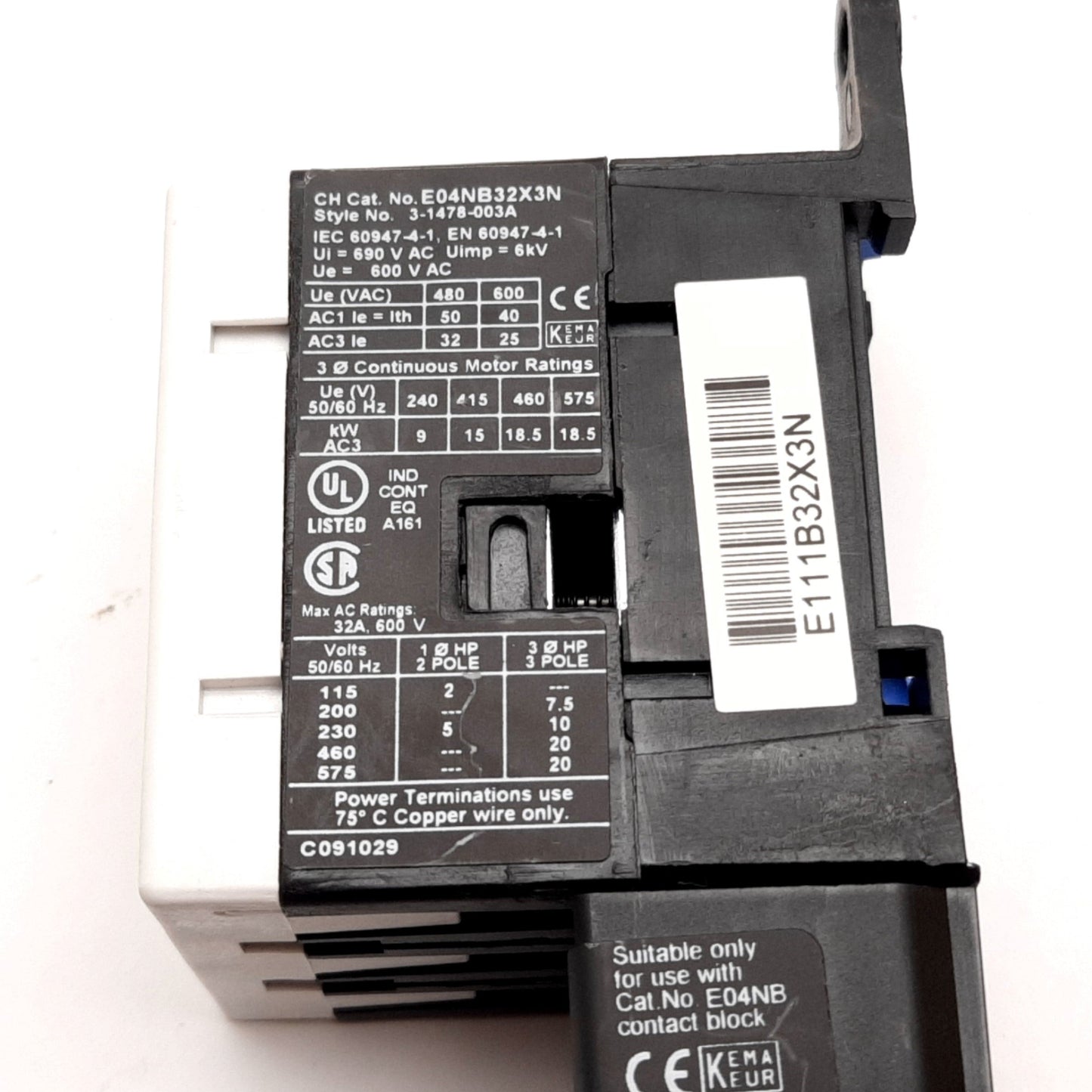 Used Eaton E04NB32X3N Contactor 24VDC Coil, 3-Pole 600VAC 32A w/E02NBXCXNN Controller