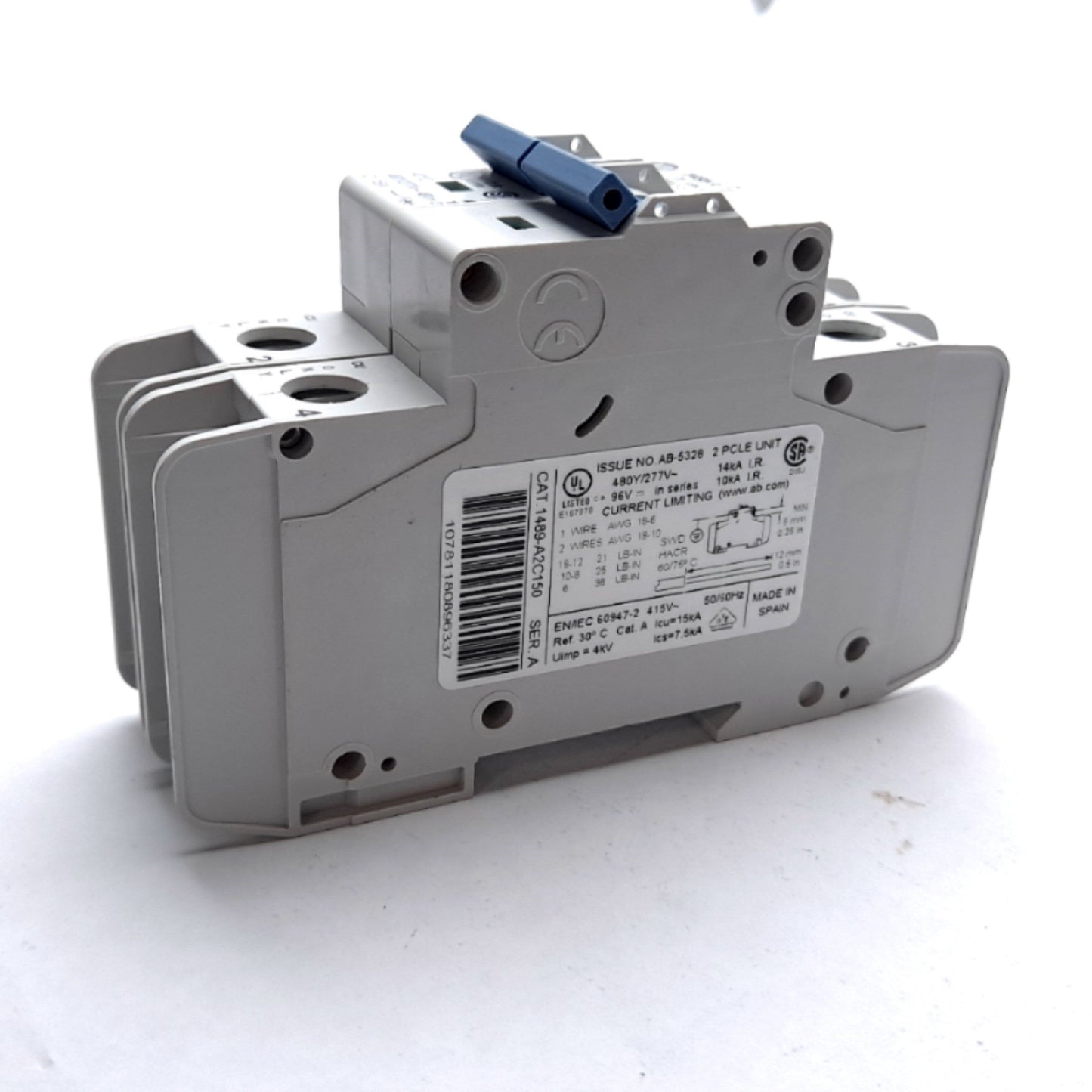 Used Allen Bradley 1489-A2C150 Circuit Breaker 2 Pole 480Y/277V AC, 48v DC, 15A