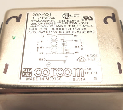 Used Corcom F7694 20AY01 EMI Filter 3-Phase, 440v AC Max Cont., 0.25" Faston
