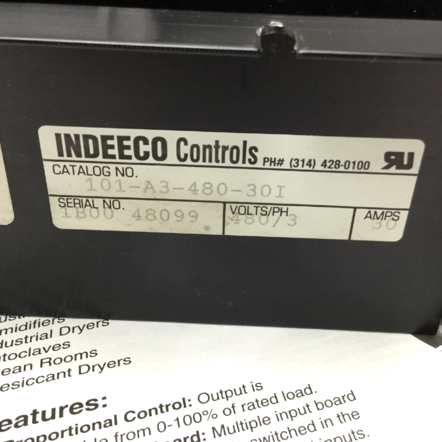 Used Indeeco 101-A3-480-30I Master SCR Power Controller, 480VAC 3-Phase, 30A