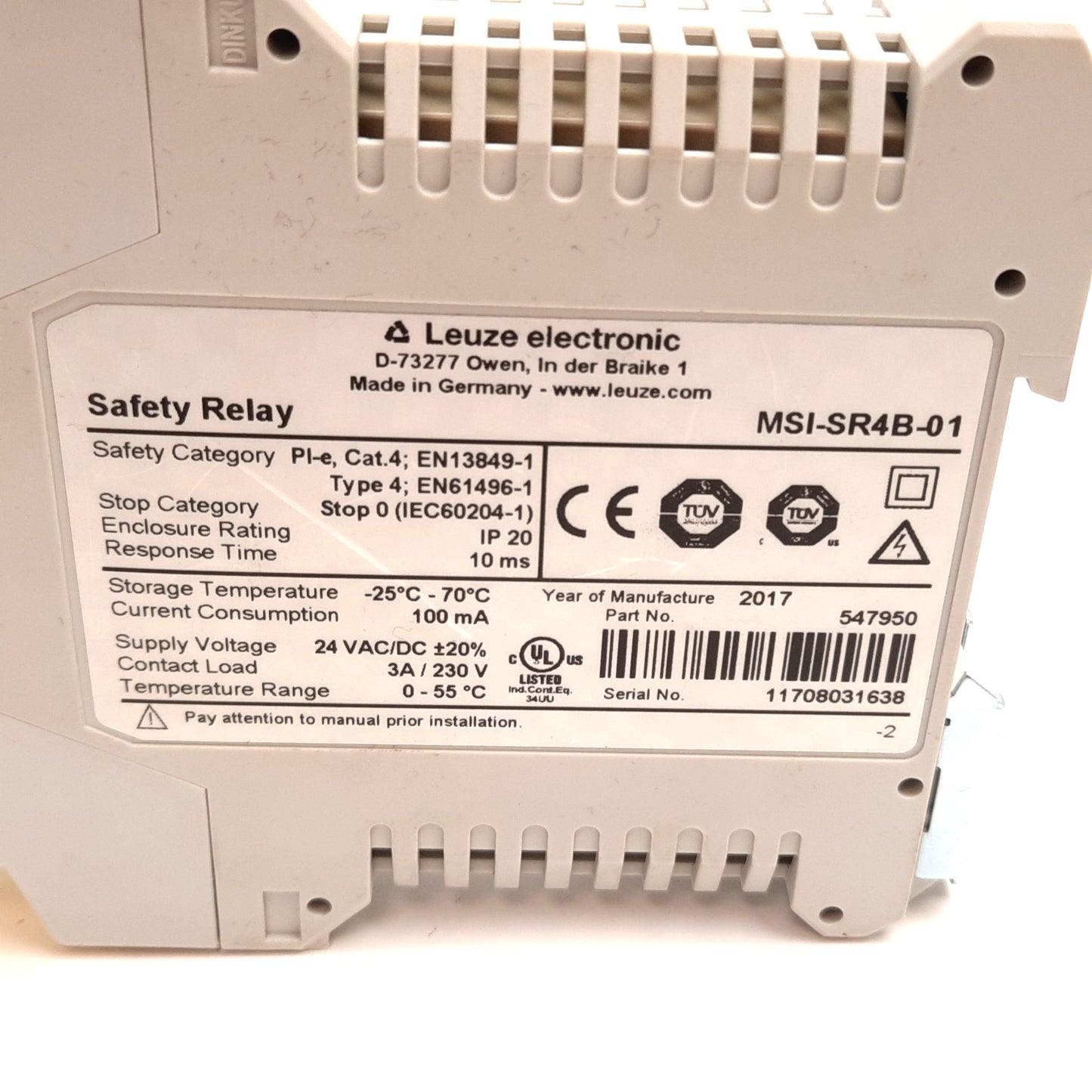 Used Leuze MSI-SR4B-01 Emergency E-Stop Safety Relay, 24VAC/DC, 3x N/O, 230VAC 3A