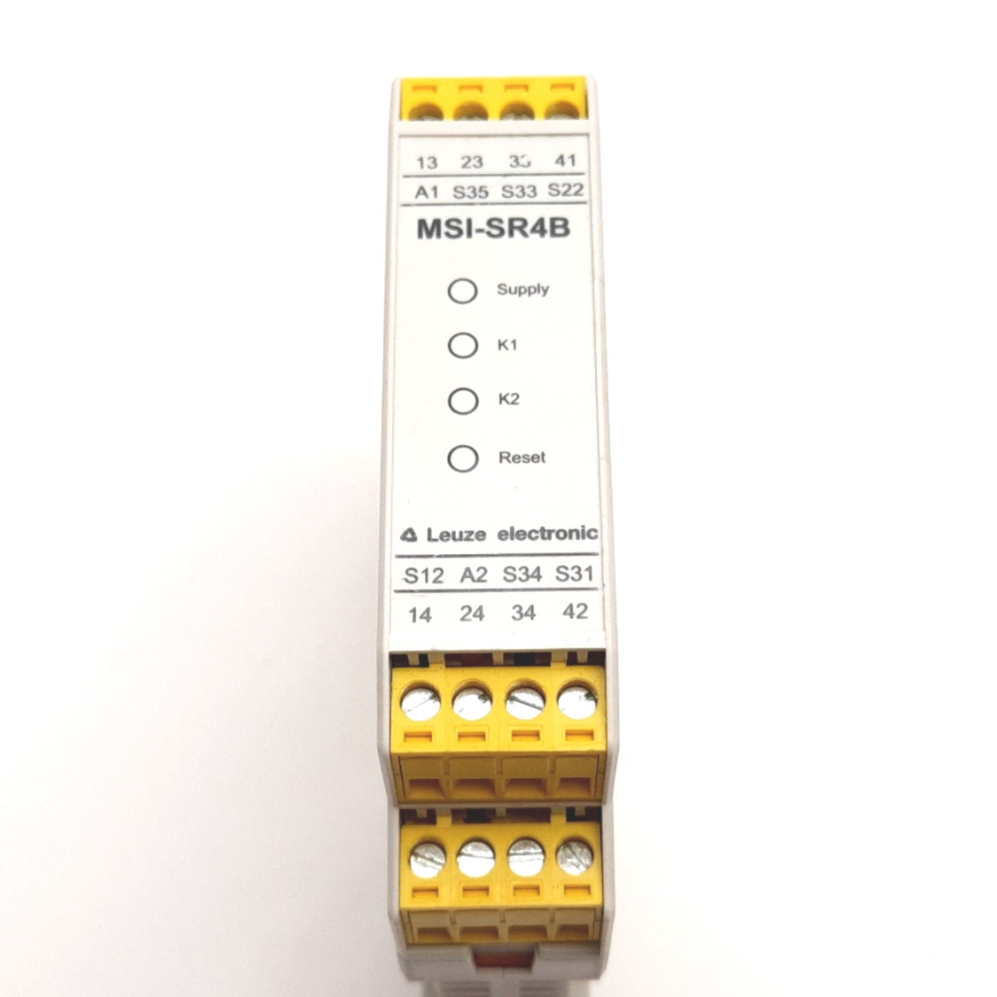 Used Leuze MSI-SR4B-01 Emergency E-Stop Safety Relay, 24VAC/DC, 3x N/O, 230VAC 3A