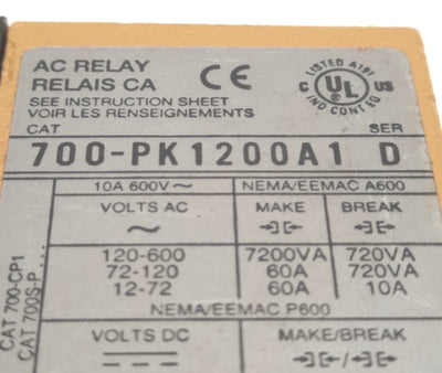 Used Allen-Bradley 700-PK1200A1 Ser D Control Relay 115-120vAC Coil, 20A @ 600VAC
