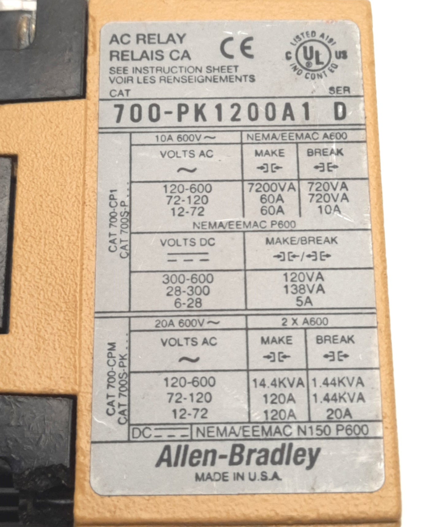 Used Allen-Bradley 700-PK1200A1 Ser D Control Relay 115-120vAC Coil, 20A @ 600VAC