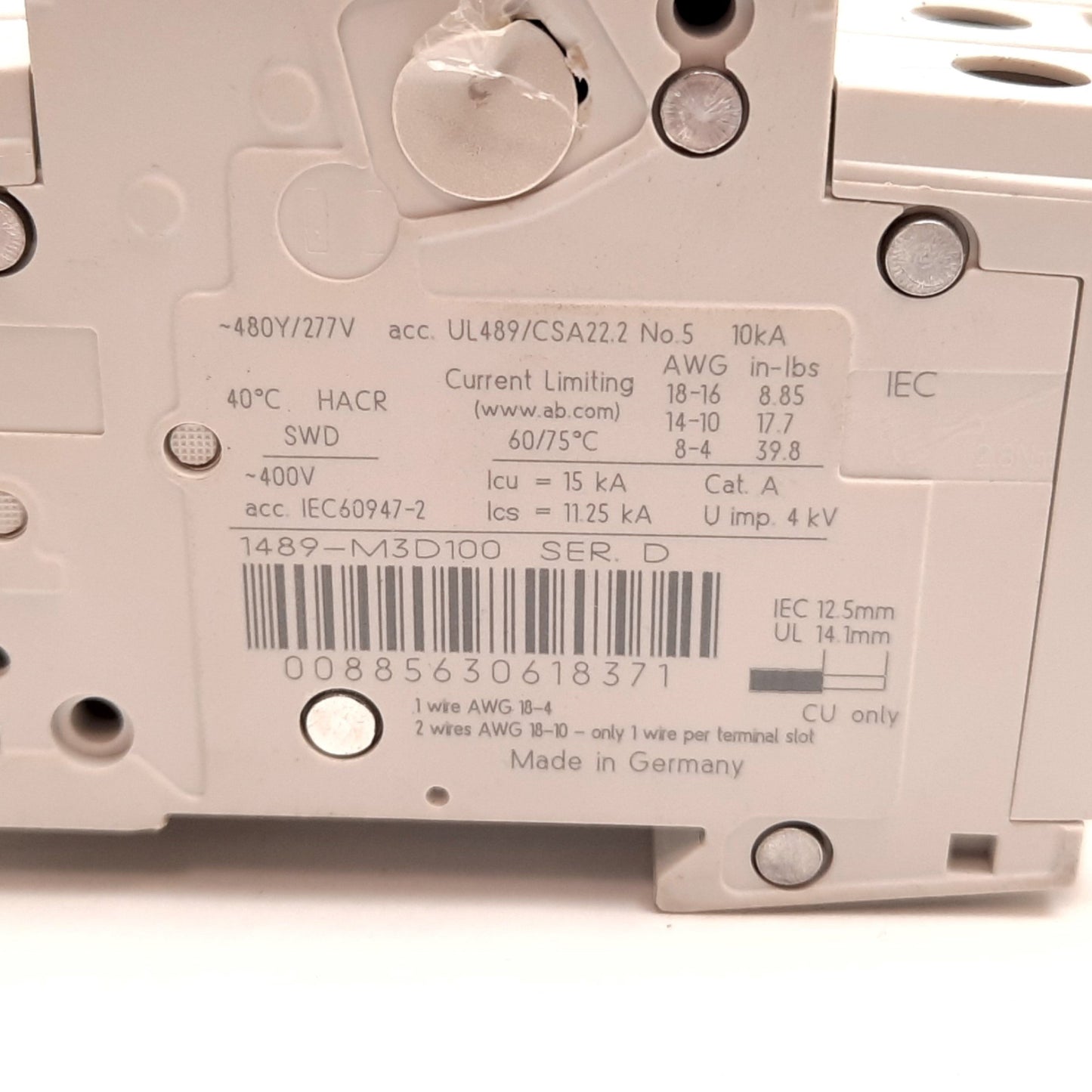 Used Allen Bradley 1489-M3D100 Miniature Circuit Breaker 3-Pole, 10A, 277VAC, D-Curve