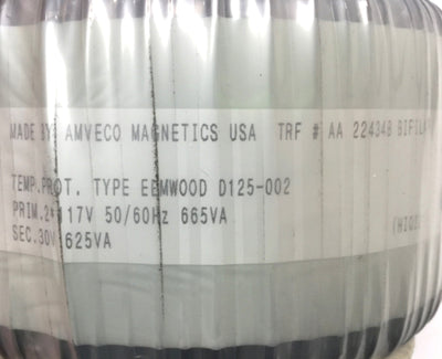 Used Amveco AA22434B Toroidal Transformer (2x) 117V Primary, (1x) 30V Sec, 625VA