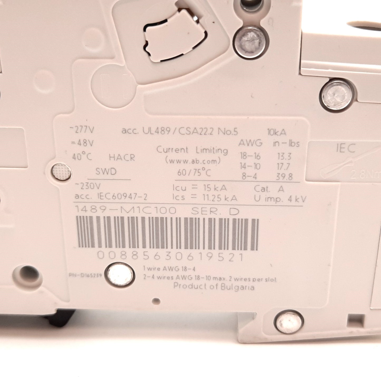 Used Allen Bradley 1489-M1C100 Circuit Breaker, 1-Pole, C-Curve, 277VAC 48VDC 10A