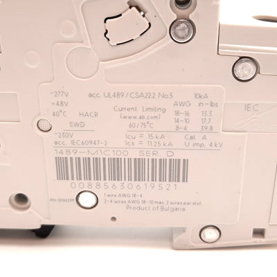 Used Allen Bradley 1489-M1C100 Circuit Breaker, 1-Pole, C-Curve, 277VAC 48VDC 10A