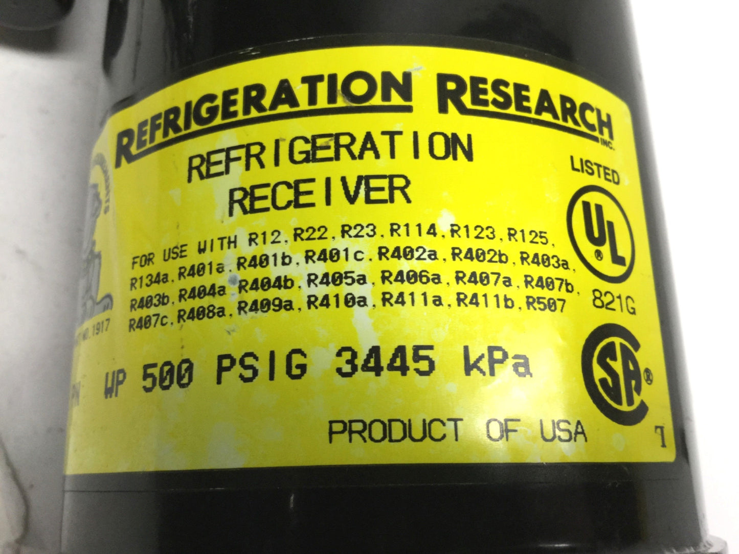 Used Refrigeration Research 1917 Refrigerant Receiver 500psi, 3lb Pump Down, 1/4 SAE