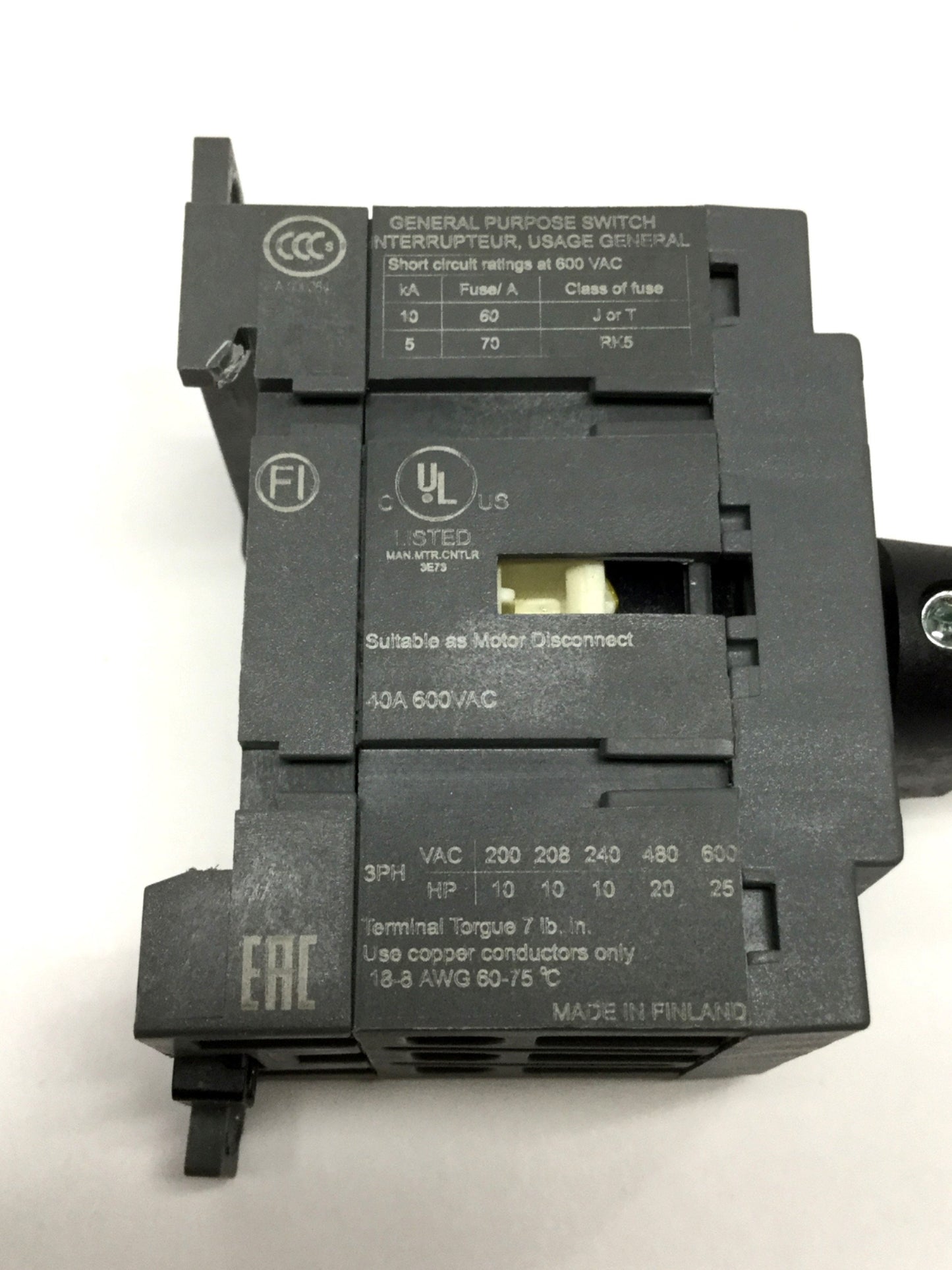 Used ABB OT40F3 Disconnect Switch 40A 600VAC, 3-Pole, Non-Fusible, DIN Rail Mount
