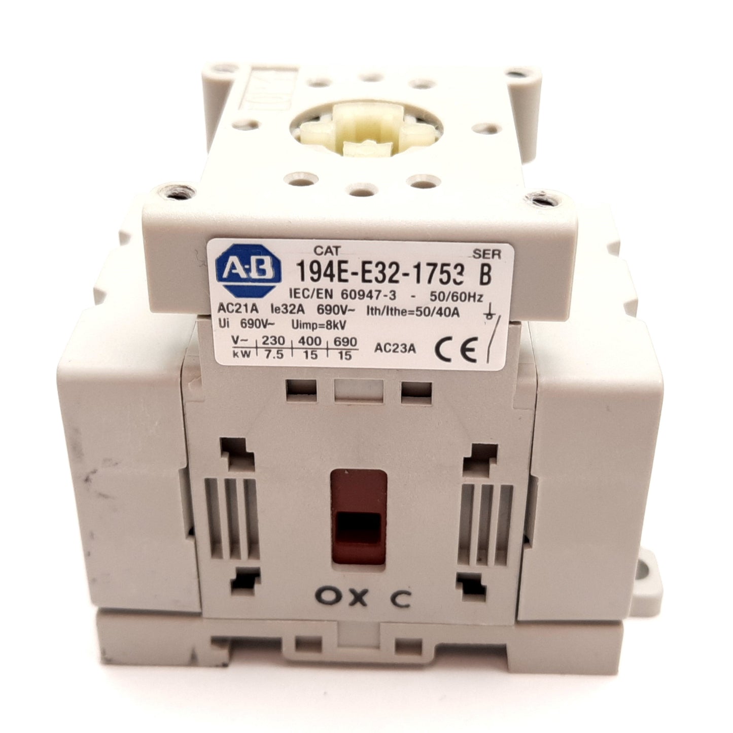 Used Allen Bradley 194E-E32-1753 Ser B Motor Disconnect Switch 3 Pole, 600VAC 32A 5HP
