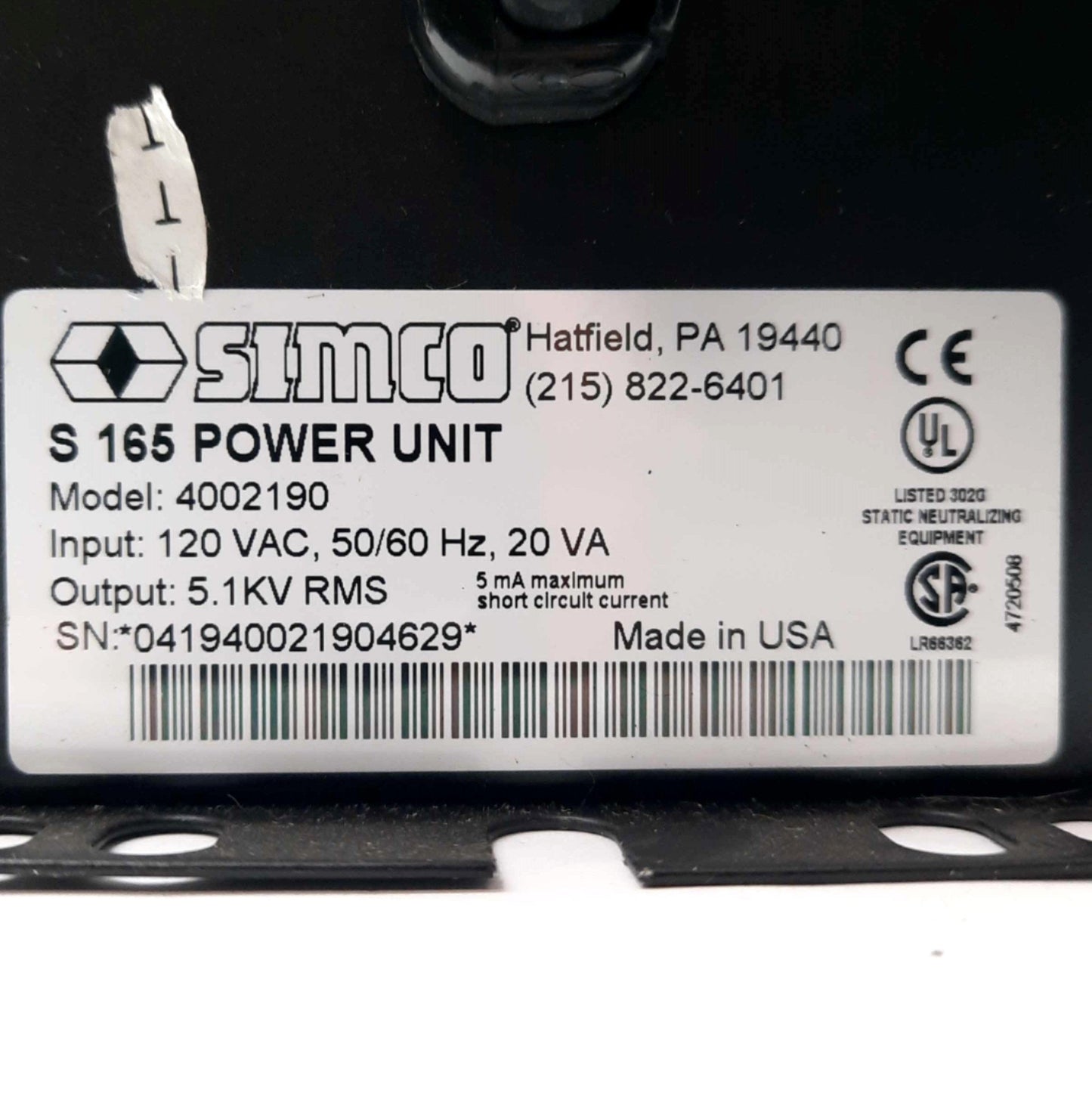 Used Simco 4002190 S 165 Static Control Power Supply, 5.8KV RMS Output, 120VAC Input