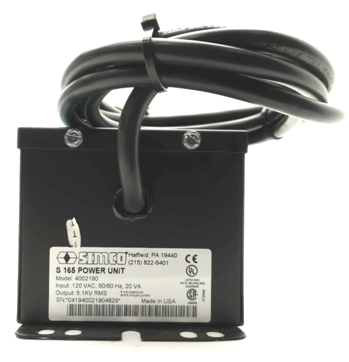 Used Simco 4002190 S 165 Static Control Power Supply, 5.8KV RMS Output, 120VAC Input