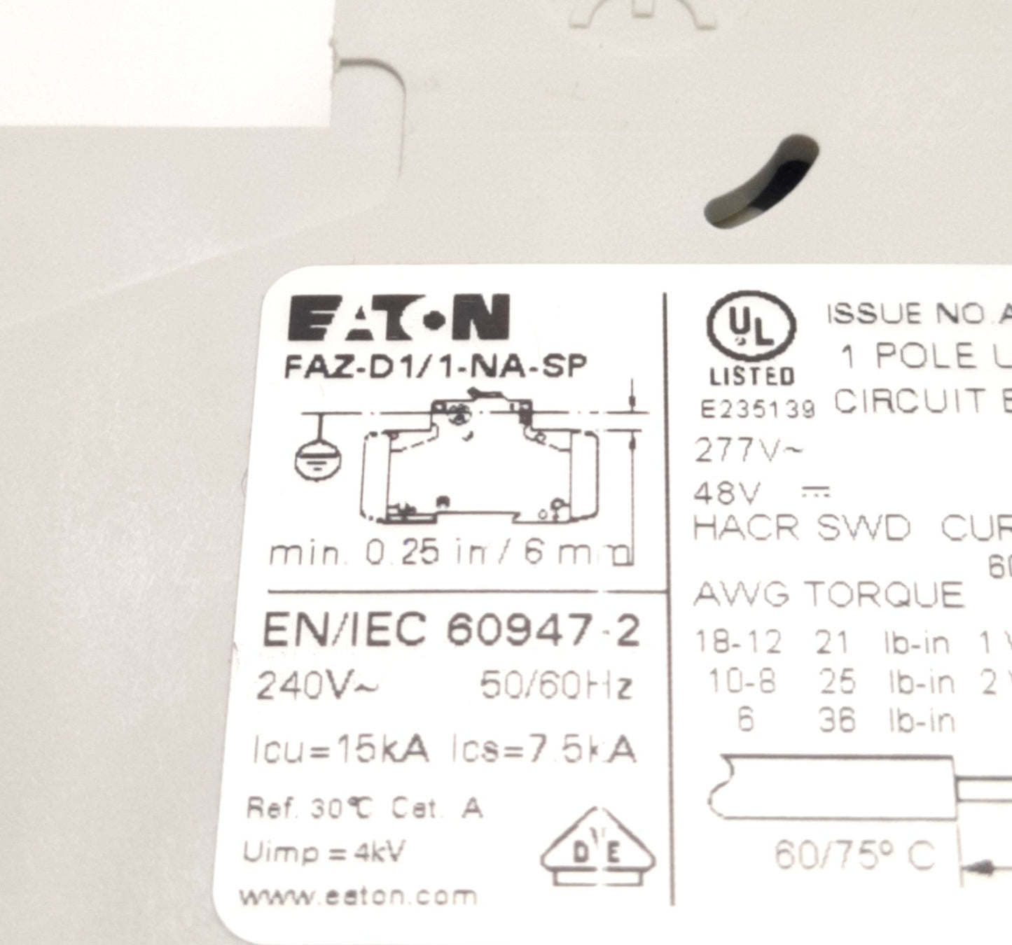 Used Eaton FAZ-D1/1-NA-SP Circuit Breaker 1 Pole, 277v AC 48v DC 1A, 10kA, DIN