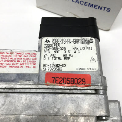 New – Open box Robertshaw Rheem 7E2-DB5-029 60-42462-02 Ignition Gas Valve 24VAC, 150,000BTU/hr