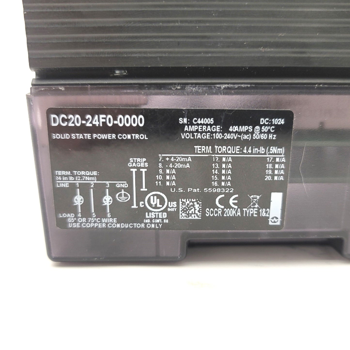 Used Watlow DC20-24F0-0000 DIN-A-MITE Power Controller 100-240VAC, 40A