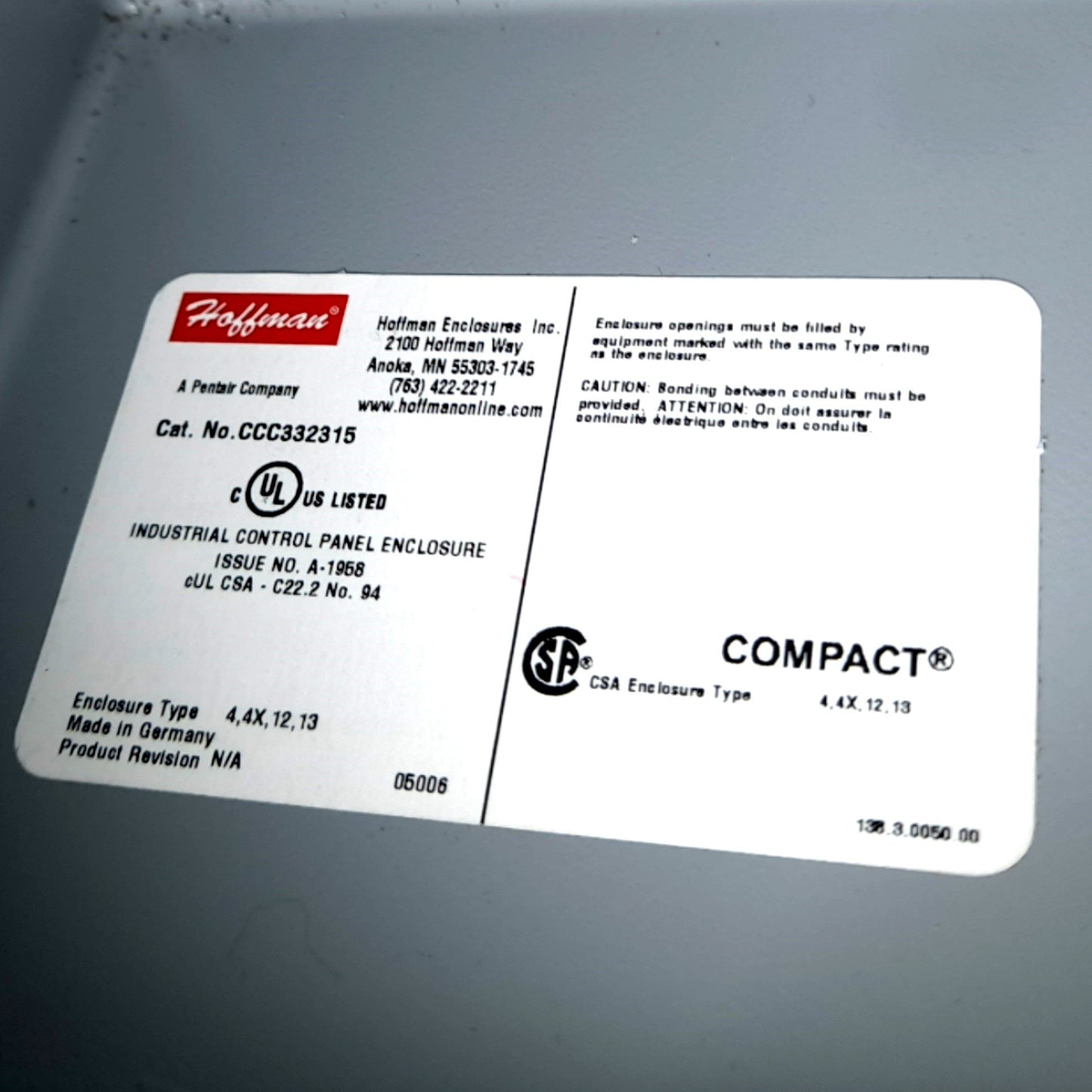 Used Hoffman CCC332315 Operator Interface Enclosure 13.86x9.92"OD 12.56x8.62x4.33"ID