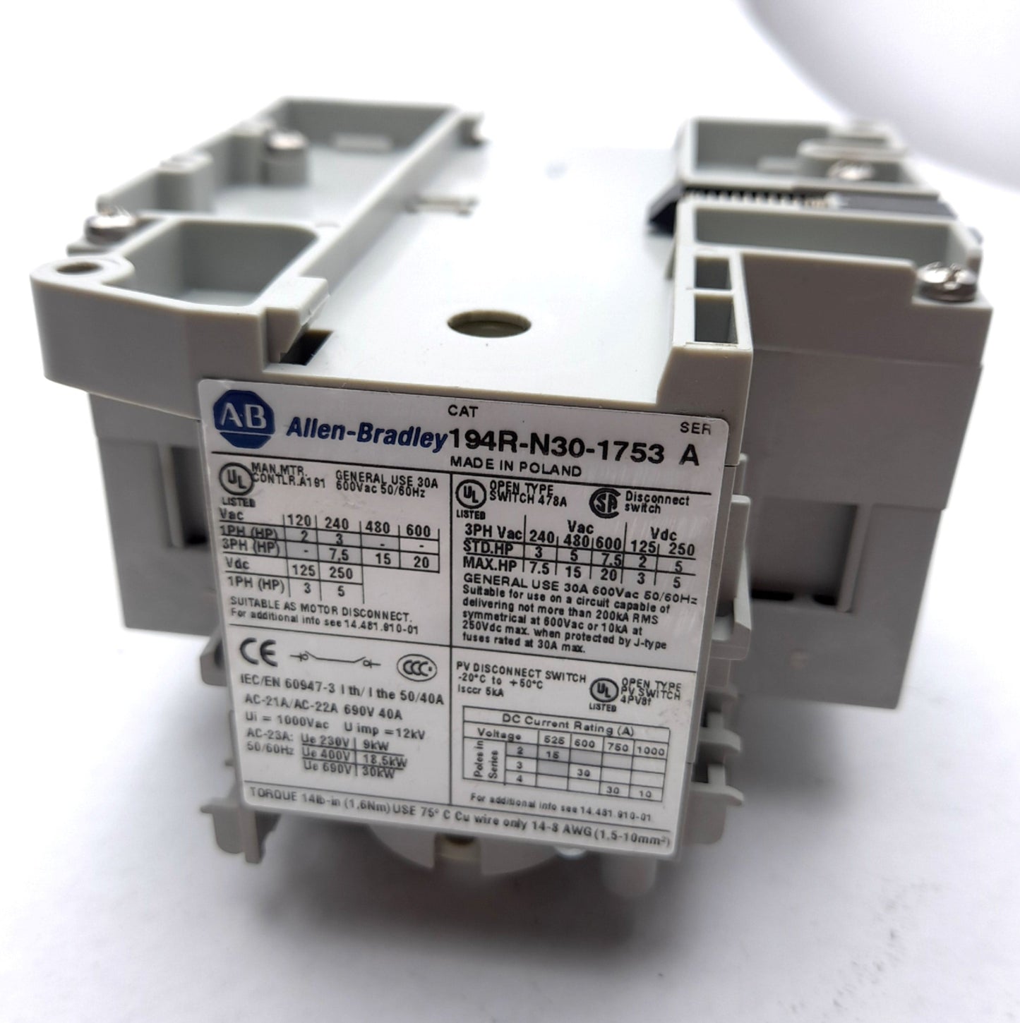 New – Open box Allen Bradley 194R-N30-1753 Non-Fused Disconnect Switch 30A 600VAC 250VDC
