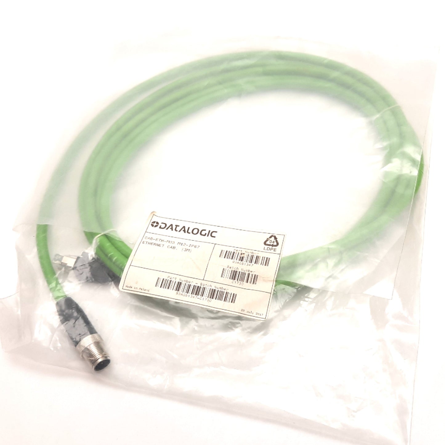 New Datalogic CAB-ETH-M03 M12-IP67 Ethernet Cable, RJ45 to 4-Pin M12 Male, 3m