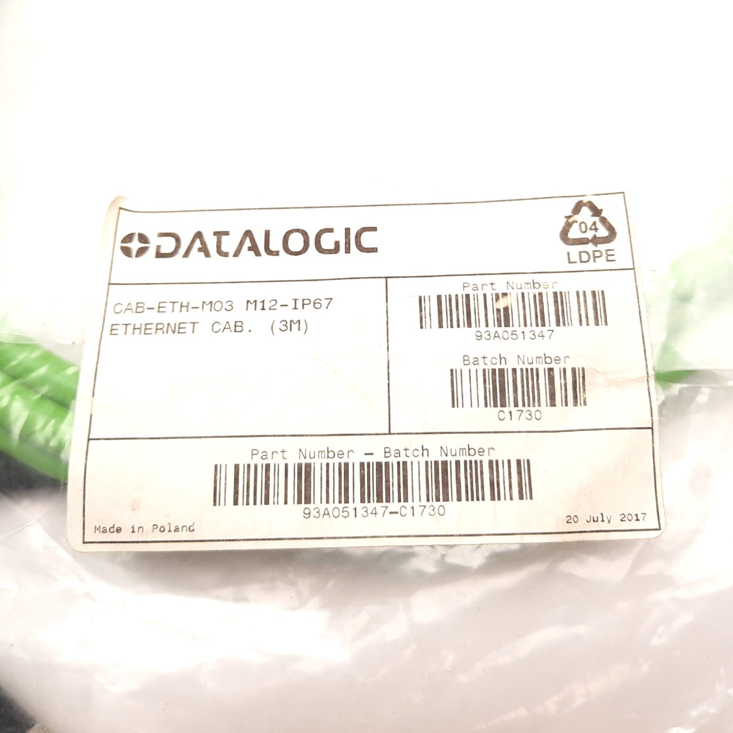 New Datalogic CAB-ETH-M03 M12-IP67 Ethernet Cable, RJ45 to 4-Pin M12 Male, 3m