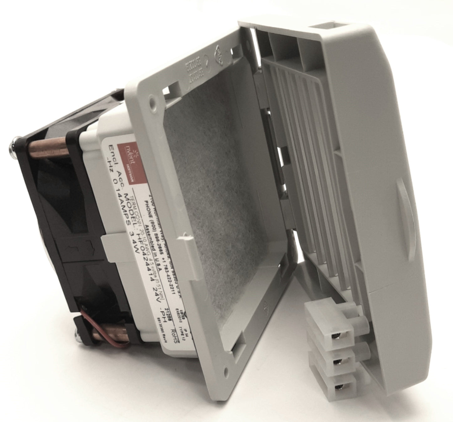 New – Open box Hoffman HF0424414 nVent Side Mount Filter Fan, 24V DC, 21CFM, 112 x 113 x 80mm