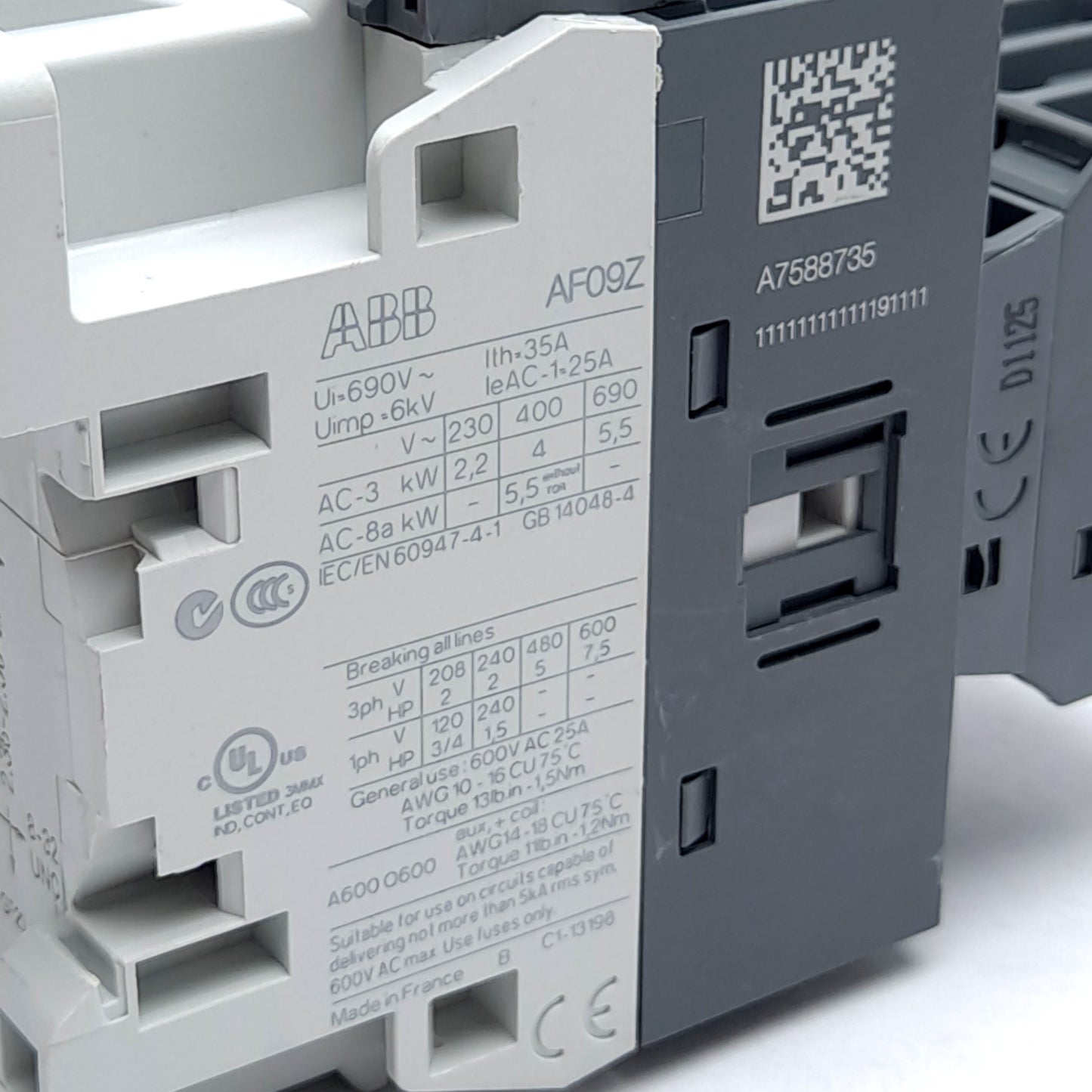 Used ABB AF09Z-30-01-21 Contactor, 3-Pole w/ N/C Aux, With CA4-22U Auxiliary Block