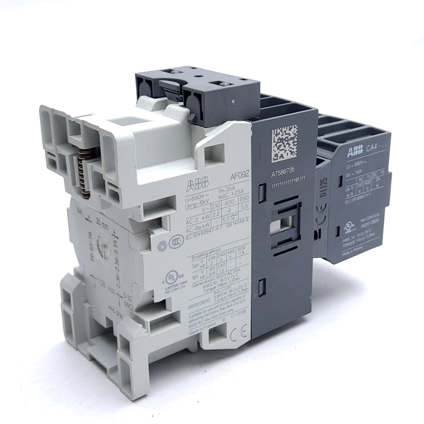 Used ABB AF09Z-30-01-21 Contactor, 3-Pole w/ N/C Aux, With CA4-22U Auxiliary Block