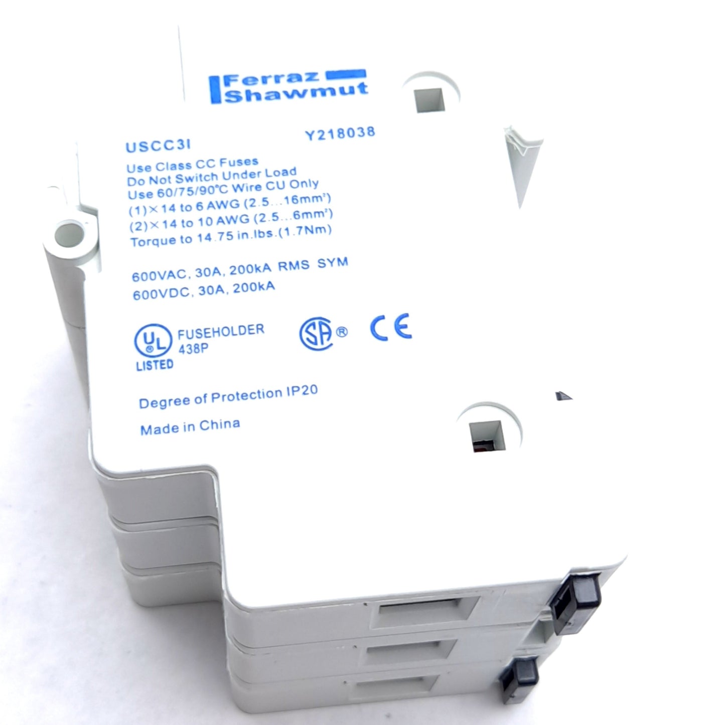New Ferraz Shawmut USCC3I Fuse Holder, 30A 600V, 3-Pole, Class CC Fuses