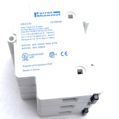 New Ferraz Shawmut USCC3I Fuse Holder, 30A 600V, 3-Pole, Class CC Fuses