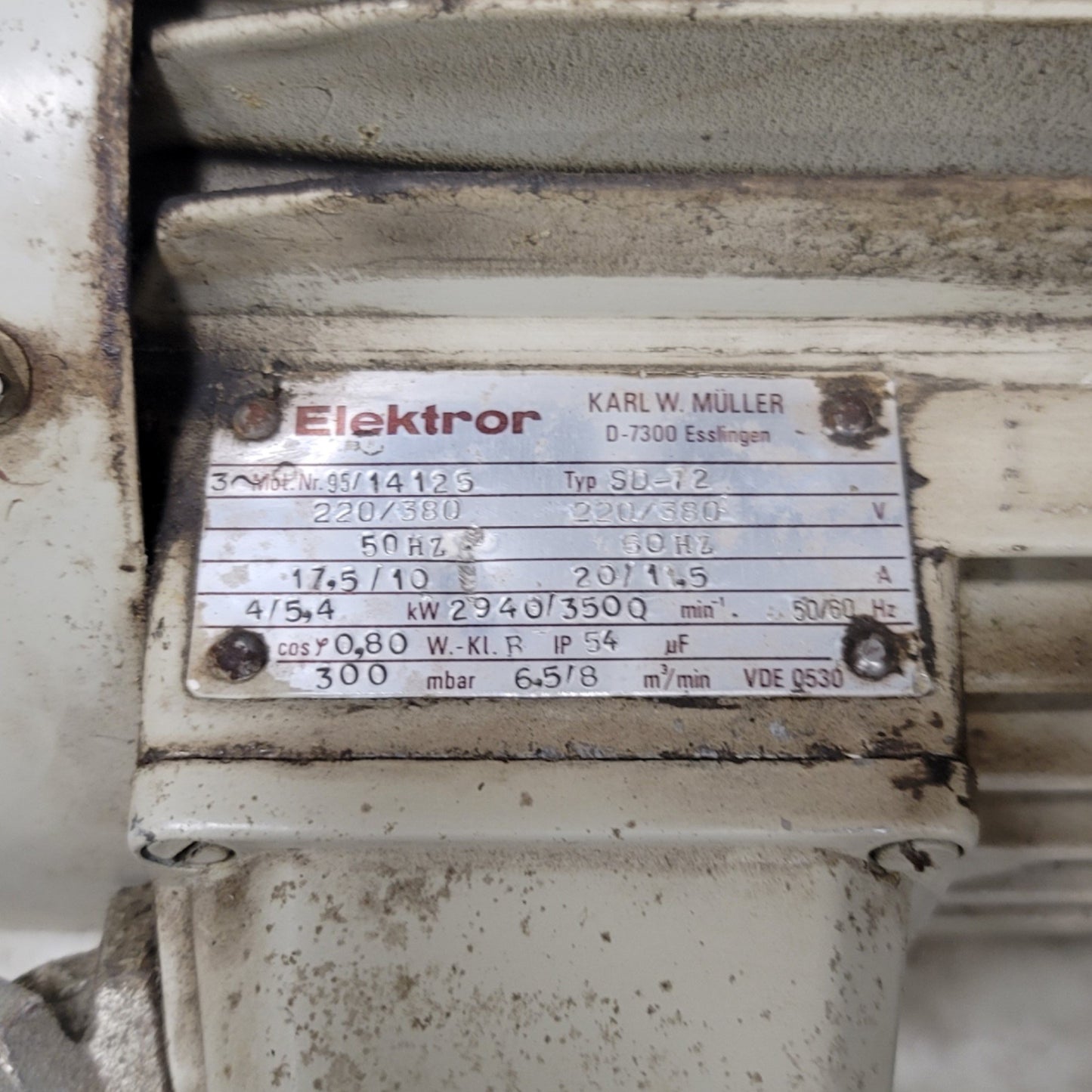 Used Elektror SD-72 Single Stage Side Channel Blower 220/380VAC 3-PH, 5.4kW, 8m³/min
