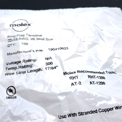 New Lot of 100 Molex 190410023 Ring Flag Terminal 22-18AWG #6 Stud Size 17/64"