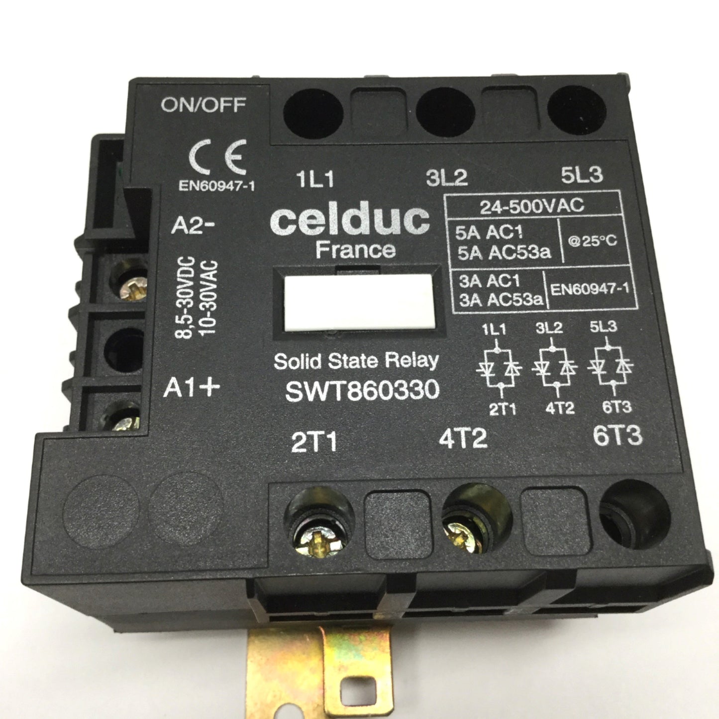 Used Celduc SWT860330 Solid State Relay, 3-Phase 24-500VAC 5A, 10-30VAC/DC Control